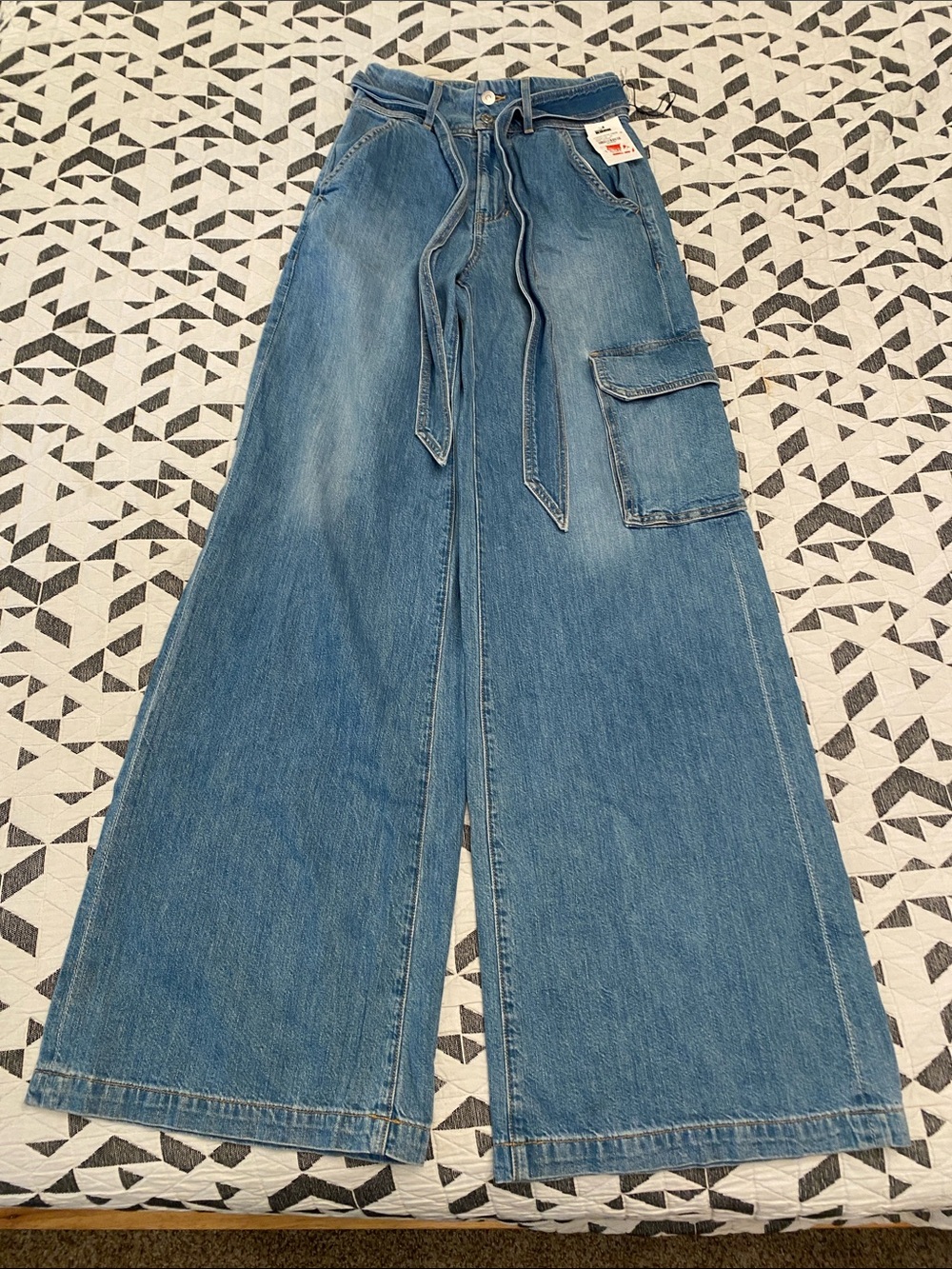 Belisa Wide Leg Denim Cargo Jeans with Tie Waist